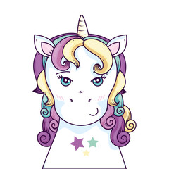 head of cute unicorn fantasy with stars decoration vector illustration design
