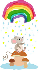 Little mouse sitting on mushroom under drops of rain and rainbow