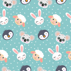 Seamless pattern with cute animal faces