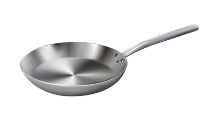Realistic empty metal frying pan isolated on white background. Vector illustration kitchen utensil. - obrazy, fototapety, plakaty