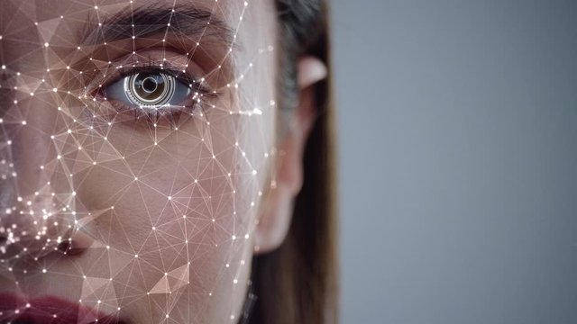 Face ID. Future. Half Face of Young Caucasian Woman for Face Detection. Brown Female Eye Biometrical Iris Scan Reading for Person Identification. Augmented Reality. 3D Technology Concept.