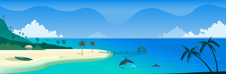 Fototapeta na wymiar Landscape Panorama vector banner. Sea coast on a sunny day. Ocean shore with palm trees and a boat on the yellow sand, a hut in the distance. Pier. Calm sea, a dolphin emerging from water. Island