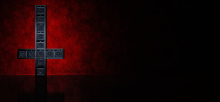 Guitar amplifiers composed in the form of an inverted cross illuminated in red. 3D Render
