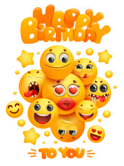 Happy birthday greeting card template with group of emoji cartoon yellow smile characters.