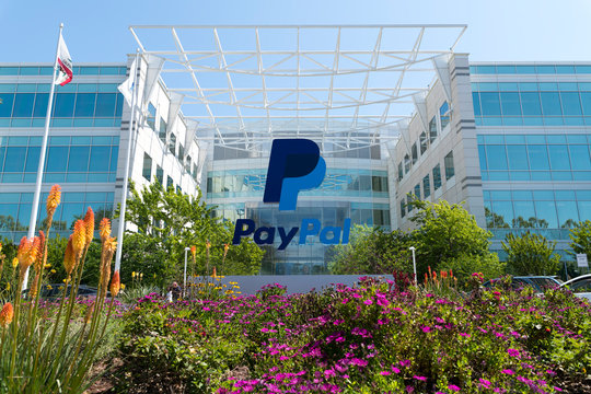 San Jose, California, USA - April 26, 2018: Exterior view of Paypal 's headquarters in Silicon Valley. PayPal Holdings, Inc. is an American company operating a worldwide online payments system.