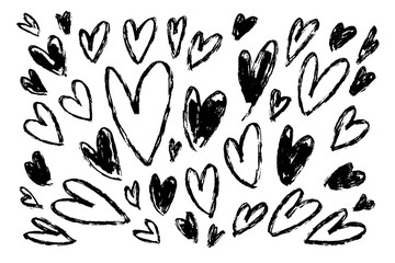Vector collections of hand drawn grunge Valentine hearts isolated on white background.