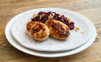 poultry meatballs with grated beetroot and walnuts
