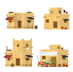 Vector set of traditional Middle Eastern houses and market. Arabian architecture. Flat style. 