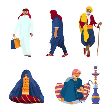 Vector set of Middle Eastern people in traditional clothes. Arab man with pockets, old man in turban with stick, sitting woman, man smoking hookah.