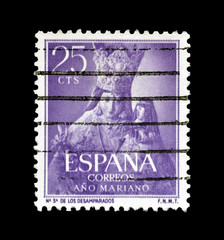 Cancelled postage stamp printed by Spain, that shows Our Lady of the Forsaken, Valencia, circa 1954.