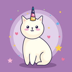 cute cat unicorn with hearts and stars decoration vector illustration design