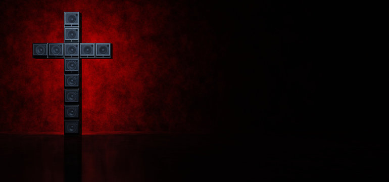 Three crosses of guitar amps highlighted in red in a dark space. 3D render.