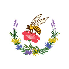 Logo, emblem, sticker for beekeeping, honey production, bee business, selling honey. A flying bee  that processes flower juices into honey. Template with honeycomb, bee, flowers. Vector illustration.