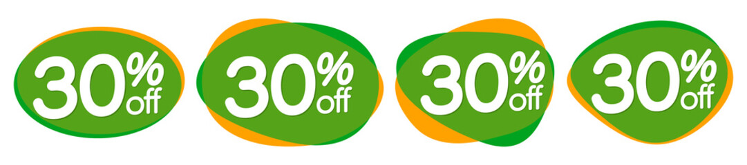 Set Sale 30% off bubble banners, discount tags design template, vector illustration