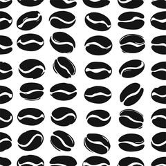 Coffee beans seamless pattern. Black coffee beans isolated on white. Flat vector template for coffee shop.