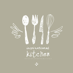 Inspirational kitchen. Illustration as a child's drawing a kitchen utensils with wings and a crown. Funny picture drawn by pencils. Logo for cooking, cafe, street food, cooking courses and more.