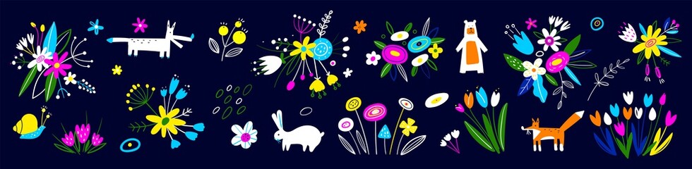 Easter decorative elements. Spring art print with botanical elements. Banner design. Big collection of flowers, leaves, bunny, bear, fox, and animals. Floral poster, invite. Flower bouquets.