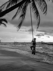 Black and white photo of sexy young woman swinging on the bungee at the ocean beach