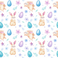 Happy Easter holiday watercolor rabbit seamless pattern with colorful eggs, flowers and leaves, greetings card, isolated on white