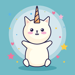 cute cat unicorn with hearts and stars decoration vector illustration design