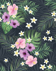 Exotic green seamless vector pattern with palm, banana and hibiscus flowers. Summer botanical backgrioud. Trendy summer print.	