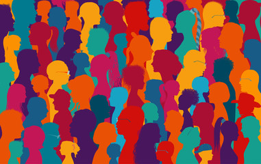 Crowd talking.Dialogue and communication between group of diverse multiethnic and multicultural people.Silhouette of colored profile. Population.Sharing ideas and thoughts.Community - obrazy, fototapety, plakaty