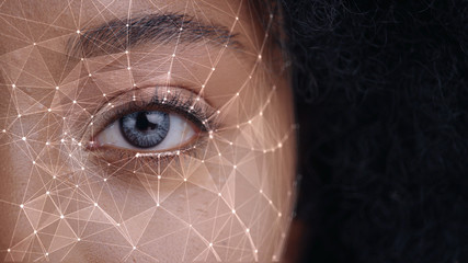 Human Eye Recognition Scanning Process. Close-up Half Face of Young African Woman Scanned Biometric...