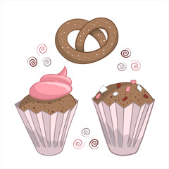 Set of isolated vector baking; set of decorated muffins; isolated pretzel; vector illustration EPS10