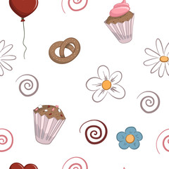 Birthday gift seamless pattern; seamless pattern with flowers, balloons and muffins; vector seamless pattern EPS10