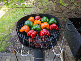 View of grilling colorful peppers (paprika, capsicum) on fire in the summer BBQ or picnic.