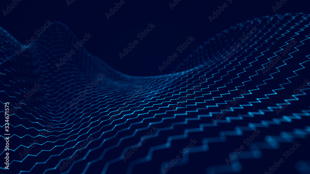 Poster Wave of dots and weave lines. Abstract background. Network connection structure.