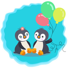 Cute couple of penguins with balloons