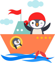 Cute penguins sailing in boat on sea with fishes