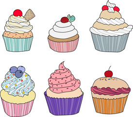 Cupcake collection set hand drawn vector illustration.wallpaper and background. Cartoon style. Design for decor, cards, print, web, poster, banner, t-shirt