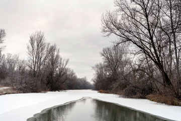The frozen Main Channel of the Danube valley in Hungary