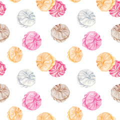 Cute kawaii pink white yellow Zefir zephyr Russian Marshmallow hand-drawn marker illustration seamless pattern background