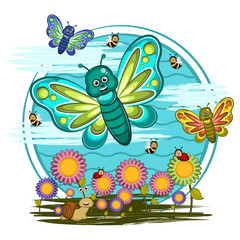 Cute insects in a cartoon landscape