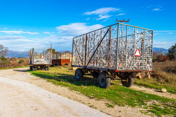 Cotton trailers in a Greek village at Xanthi regional unit in winter