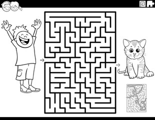 maze with boy and kitten coloring book page