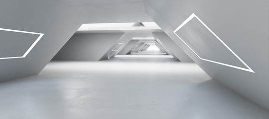 Modern futuristic white shiny architecture builing interior with futuristic lighting 3d render illustration