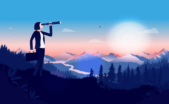 Business woman with binocular searching for opportunities - Female manager standing in a landscape with sunrise looking for solutions. Business outlook, female leader, strategy concept. Illustration.