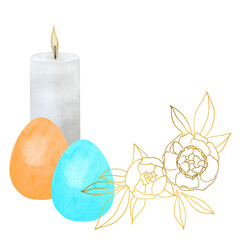 Easter agreement. Religious symbol. Burning candle, two painted eggs, flower composition with golden texture.
