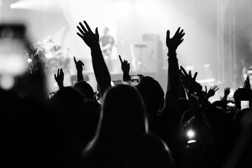 People having fun with their hands in the sky at the live music concert