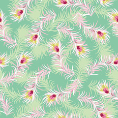 Fototapeta na wymiar Pink peacock feathers scattered on a green background seamless vector pattern. Decorative soft wurface print design in pastel colors. Grat for fabrics, stationery and packaging.