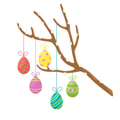 Easter willow branch decorated with eggs. Decor Happy easter. Vector isolate.