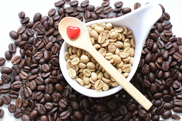  Dried beans and coffee beans from Colombia on wooden background