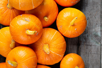 Autumn background for text with pumpkins. Top view. Copy space