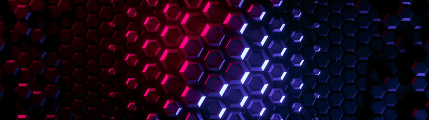Obraz na płótnie Canvas Abstract bright creative wide background. Modern clean minimalistic design. Hexagonal geometric structure, honeycomb surface, top view. Cell elements pattern. 3d rendering