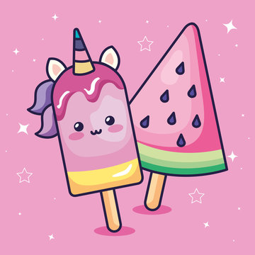 ice creams in stick with cute decoration vector illustration design
