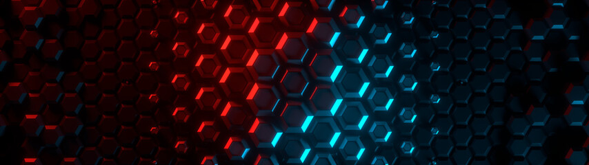 Obraz na płótnie Canvas Abstract bright creative wide background. Modern clean minimalistic design. Hexagonal geometric structure, honeycomb surface, top view. Cell elements pattern. 3d rendering
